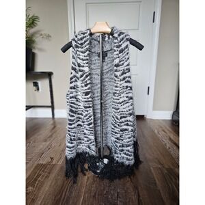 Investments Zebra Print Eyelash Knit Fringe Vest Black White Open Front Large